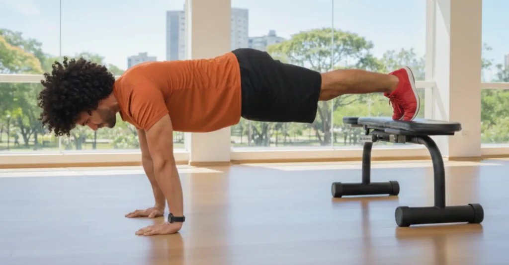 Execução correta de flexão de braço com os pés apoiados no banco.