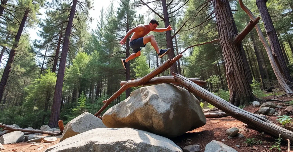 atleta de parkour superando elementos naturais