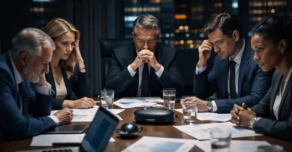 Executivos em sala de reunião sob tensão e pressão decisória, representando os desafios da performance executiva em ambientes corporativos de alta complexidade.