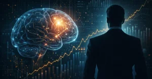 Ilustração do cérebro humano destacando o córtex pré-frontal, área responsável pela tomada de decisão, foco e controle emocional na performance C-Level.